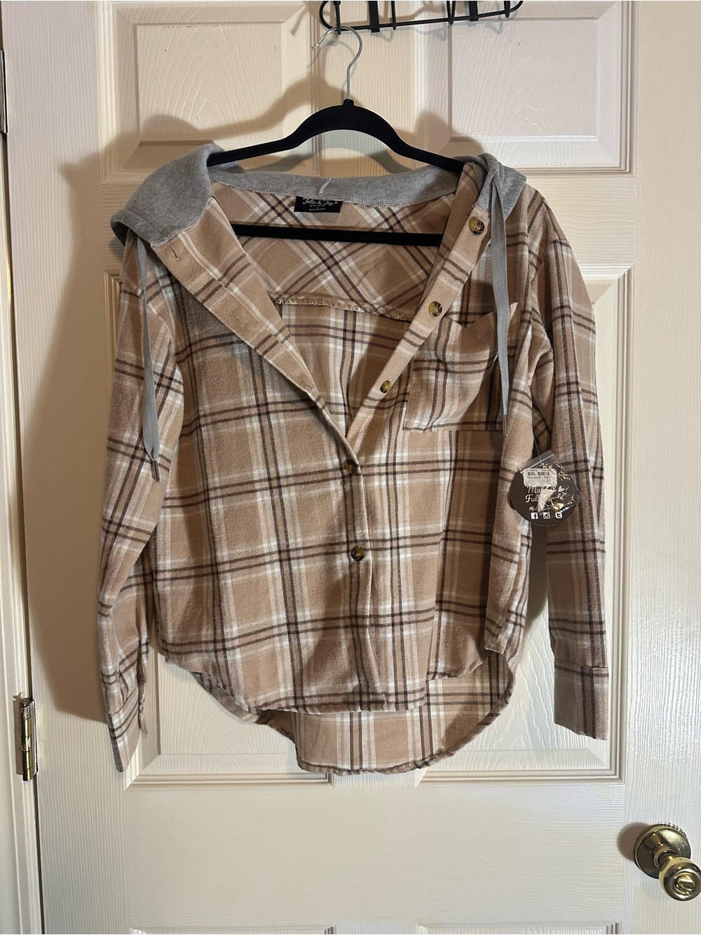 Beige Plaid Button-Down Hooded Shirt Jacket